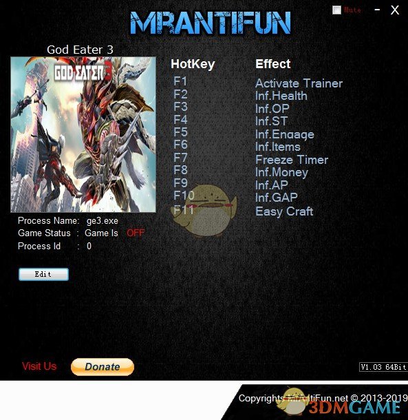《噬神者3》v1.11十项修改器[MrAntiFun]